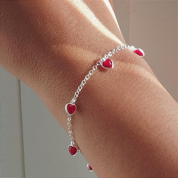 Pulseira Com Corações Vermelho - Prata 925