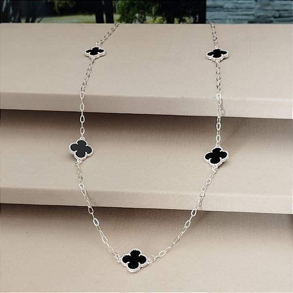 Gargantilha Choker Com Trevos Preto - Prata 925 - MC492-45114