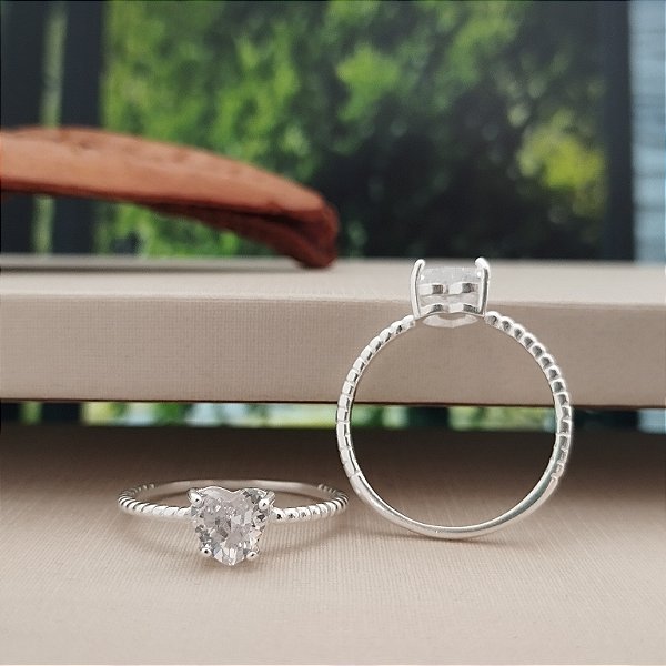 Anel Solitário Coração Zirconia - Prata 925