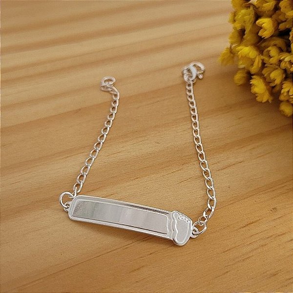 Pulseira Infantil Unissex Plaquinha + Pezinho Prata 925