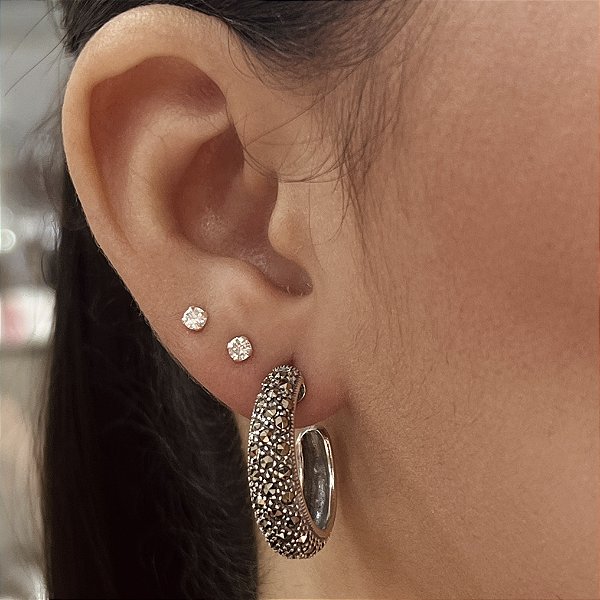 Argola Cravejada Com Marcassitas - Prata 925 Bali Envelhecida - MB769-83207
