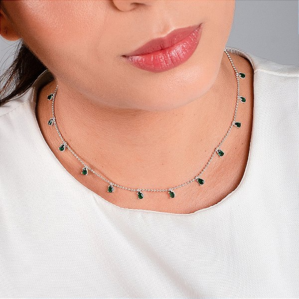 Gargantilha Choker Bolinha Diamantada Verde C/ Ponto de Luz Gota - Prata 925