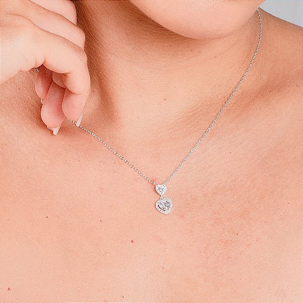 Gargantilha Dois Corações Com Zircônias - Prata 925 - MC523-3895