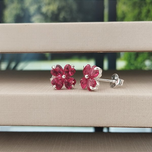 Brinco Flor Com Zircônias Rosa Pink - Prata 925
