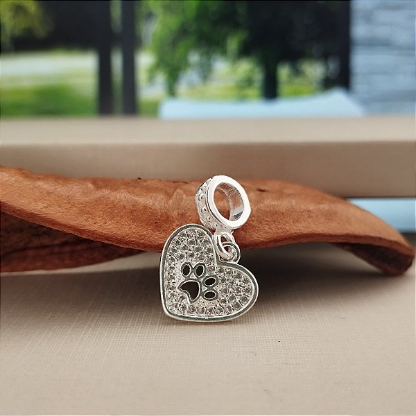 Berloque Coração Cravejado Com Patinha Pet - Prata 925- BL213-2665