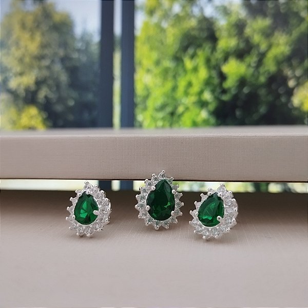 Conjunto Gota Cravejado (Brincos e Pingente) - Prata 925 -MCJ85-51128