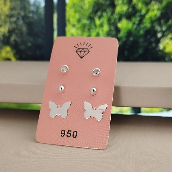 Trio Borboleta - Bola -Ponto De Luz Embutido- Prata 925-MB827-826