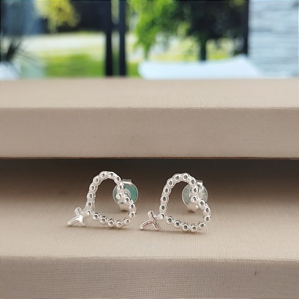 Brinco Terço Coração Com Cruz - Prata 925 -MB830-1538