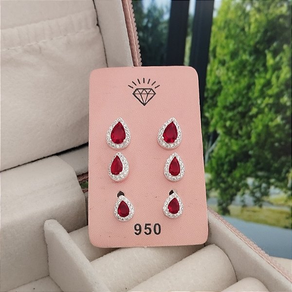 Trio Cravejado Pedra Vermelha - Prata 925 - MB850-3896