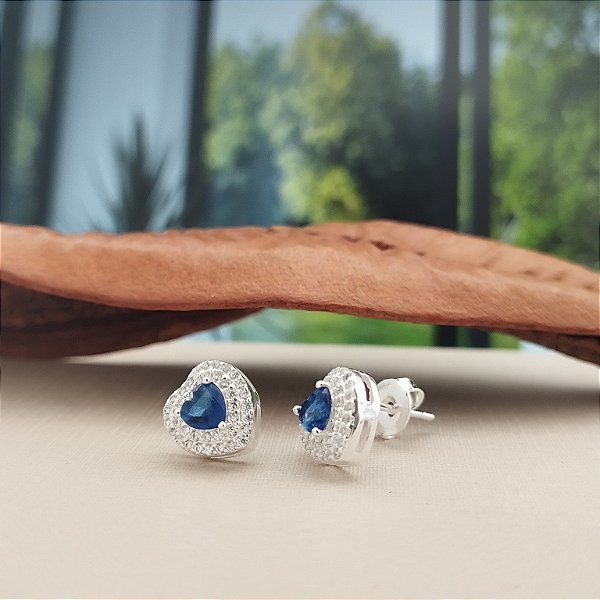 Brinco Coração Cravejado Pedra Azul - Prata 925 - MB853-2255