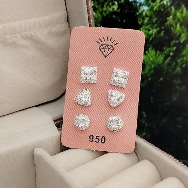 Trio de Brincos Geométrico Cravejado - Prata 925 -MB861-48120