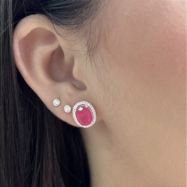 Brinco Oval Luxo Cravejado Rosa Pink - Prata 925 -MB863-42105