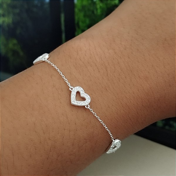 Pulseira Corações cravejados - Prata 925 - MP464-3575