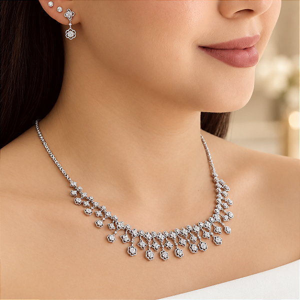 Conjunto Luxo Floral Com Zircônias (Com Ródio) - Prata 925