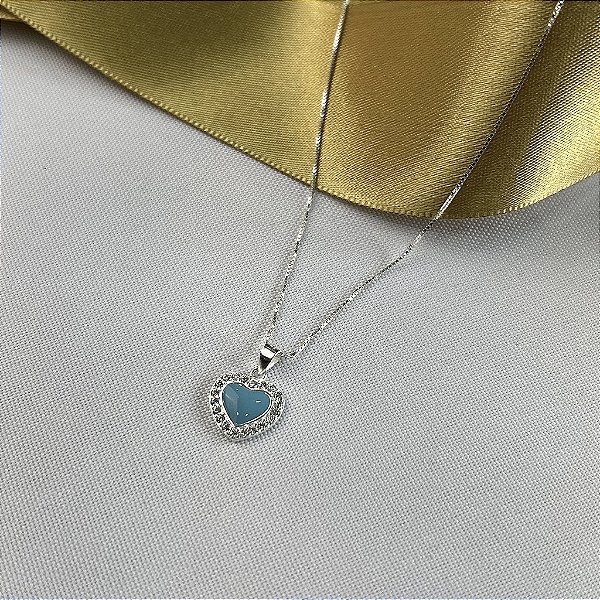 Gargantilha Coração Cravejado Azul Turquesa - Prata 925