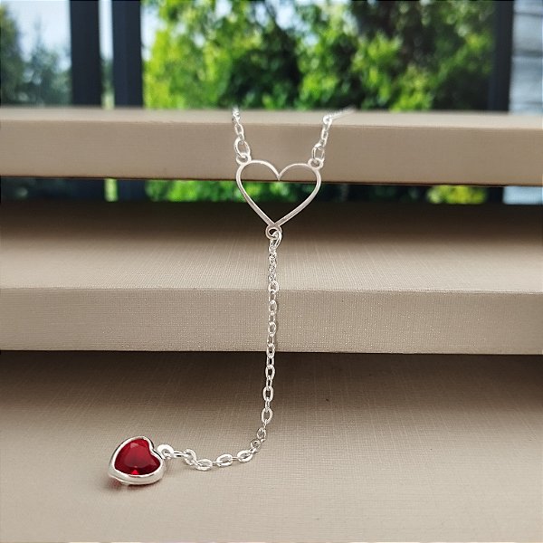 Gargantilha Gravatinha Coração com Ponto de Luz vermelho - Prata 925 - MC601-3179