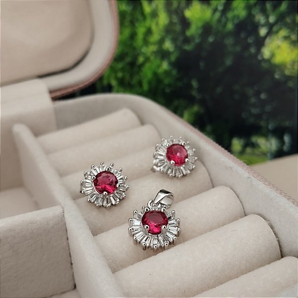 Conjunto Pedra Rosa Pink Cravejada - Prata 925 - MCJ95-44112