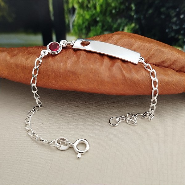 Pulseira Infantil Plaquinha Coração C/ Ponto de Luz Vermelho -Prata 925- MP490-2152