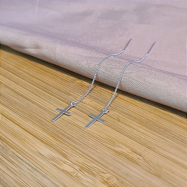 Brinco Com Correntinha e Crucifixo - Prata 925 -MB889-1435
