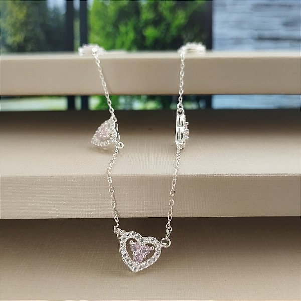 Gargantilha Luxo Coração Rosa Claro - Prata 925 -MC621-60150