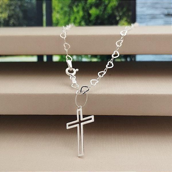 Gargantilha Coração Vazado C/ Crucifixo - Prata - 925 -MC625-3284