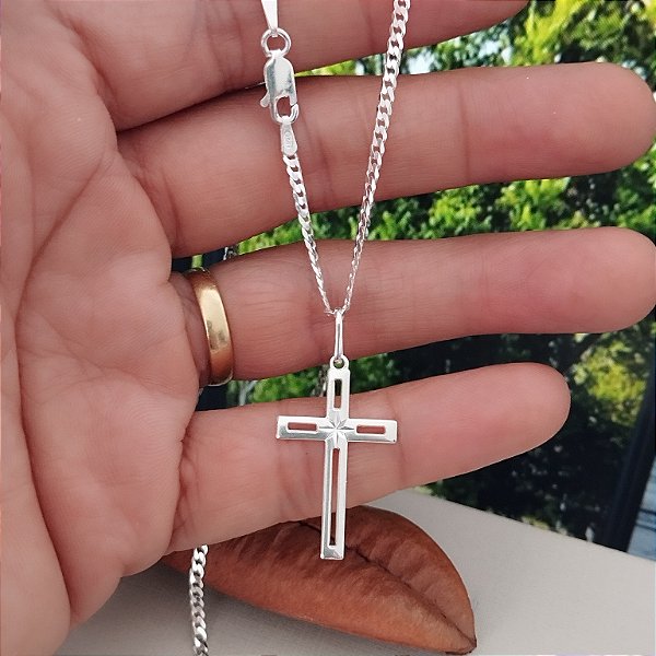 Corrente Grumet Com Crucifixo - 60cm - 2mm - Prata 925 - MC628-78196