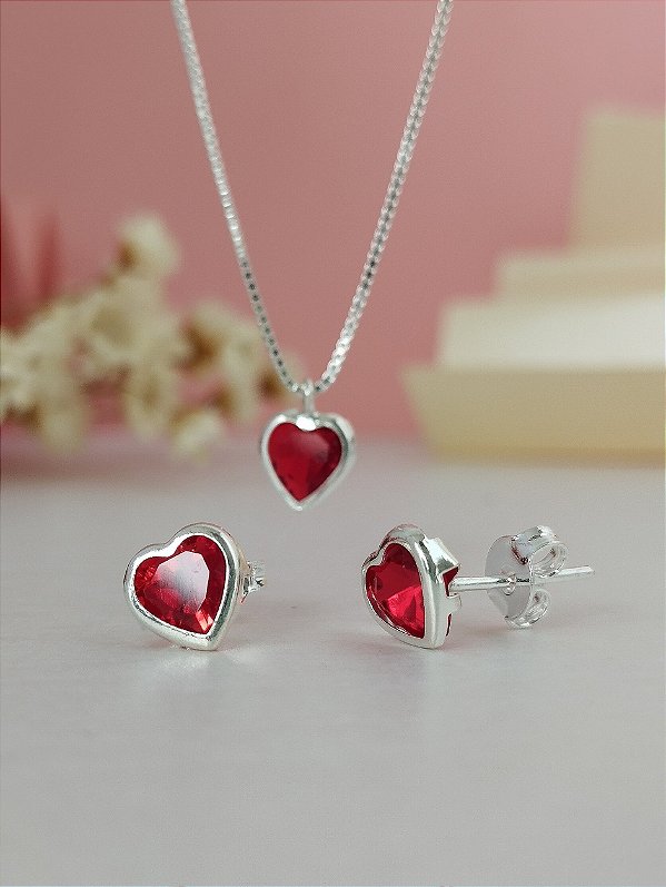 Conjunto Coração Zircônia Vermelho Embutido - Prata 925-MCJ100-3075