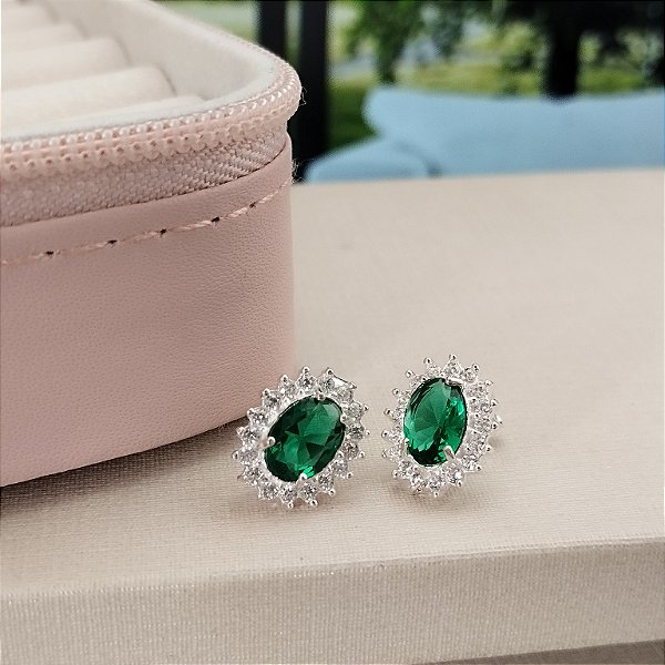 Brinco Pedra Verde Cravejado Com Zircônias - Prata 925 -MB906-1262