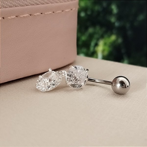 Piercing Umbigo Com Pingente Ponto de Luz - Prata 925 e Aço Cirúrgico -MB910-1640