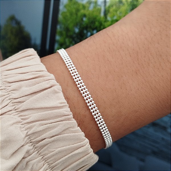 Pulseira Esteira Bolinha 3 Fios- Prata 925 -MP513-3895