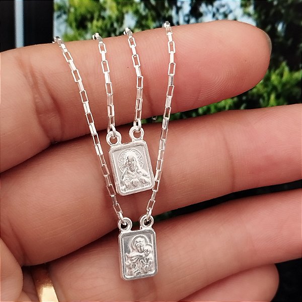 Escapulário Coração de Jesus - N. S. do Carmo Dupla Face - 70cm - Prata 925 - MC646-59148