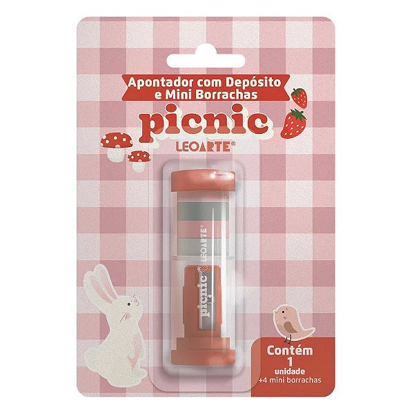Apontador e 4 mini borrachas PICNIC - BLISTER C/1 UND - LEO E LEO