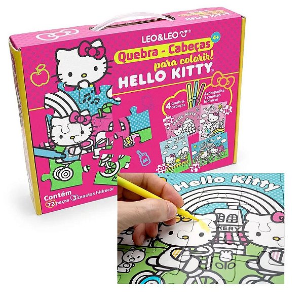 Quebra-Cabeça para Colorir HELLO KITTY - KIT C/ 72 PECAS E 3 HIDROCOR - LEO e LEO