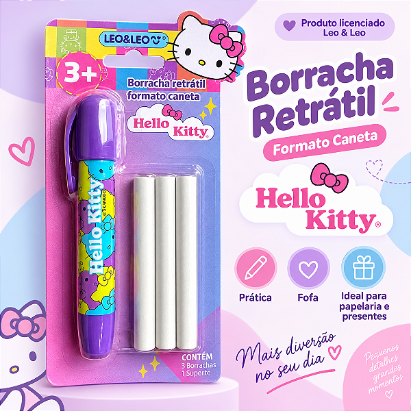 Borracha caneta retrátil HELLO KITTY - BLISTER C/ 1 SUPORTE E 3 BORRACHAS - LEO E LEO
