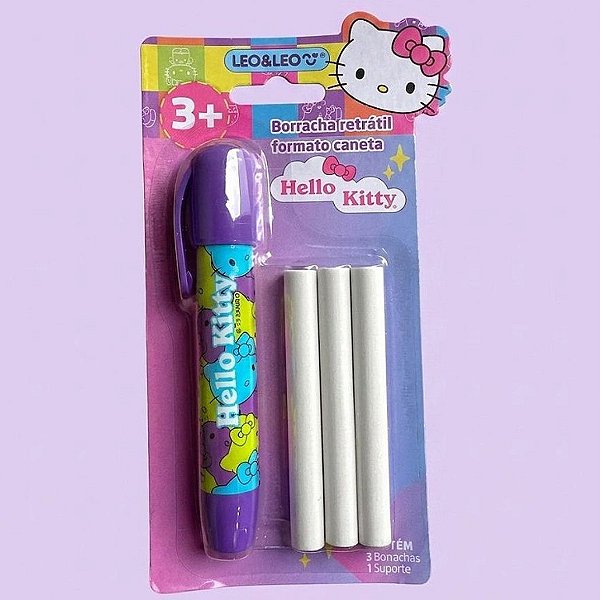 Borracha caneta retrátil  HELLO KITTY - BLISTER C/ 1 SUPORTE E 3 BORRACHAS - LEO E LEO