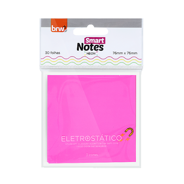 Bloco Smart Notes ELETROSTATICO 76X76MM - NEON (RS, AM E VD) - 30 FLS - BLISTER C/ 1 BLOCO - BRW