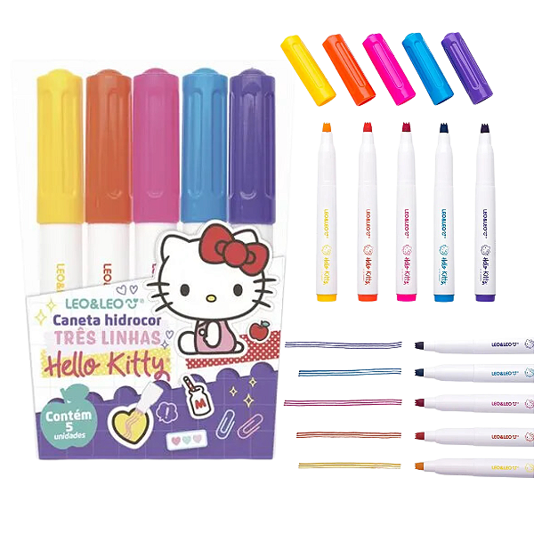 Canetinha Hidrocor 3 linhas HELLO KITTY - ESTOJO C/ 5 CORES - LEO E LEO