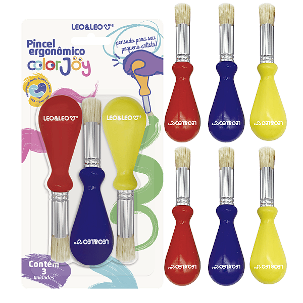 Pincel ergonômico  PONTA REDONDA COLOR JOY - BLISTER C/ 3 UND -  LEO e LEO