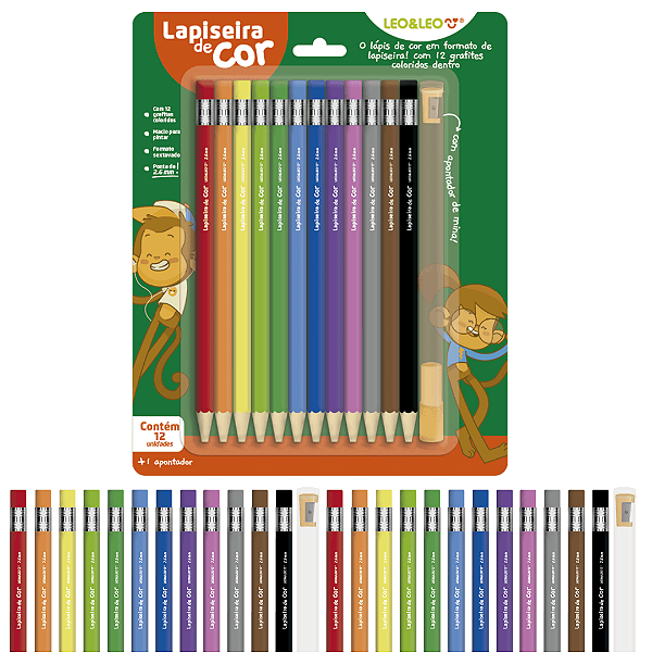 Lapiseira de cor/ Grafite colorido 2.6 - BLISTER C/ 12 CORES + APONTADOR - LEO E LEO