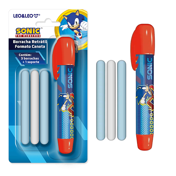 Borracha Caneta SONIC - BLISTER C/ 1 SUPORTE E 3 BORRACHAS - LEO E LEO