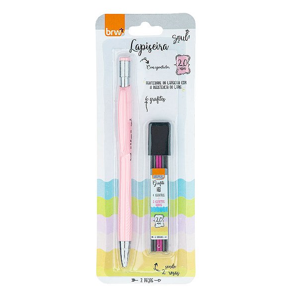 Lapiseira 2.0MM COM 6 GRAFITES - BLISTER C/ 1UN (ROSA PASTEL) - BRW