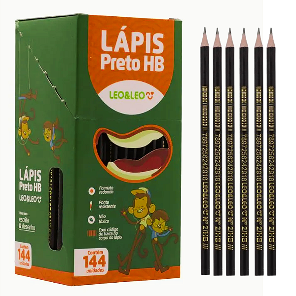 Lápis Grafite HB RESINA PRETO SEXTAVADO - CX/144 UND -  LEO E LEO