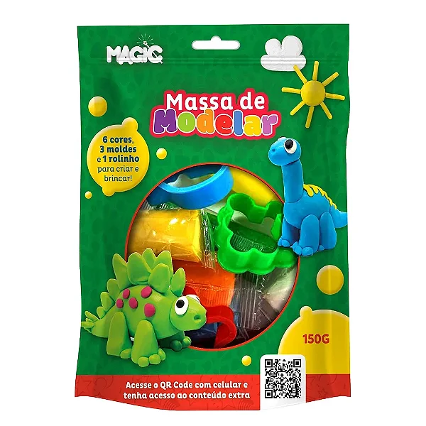 Massa modelar 6 cores 3 moldes  1 rolinho - dinossauro - 150g - MAGIC