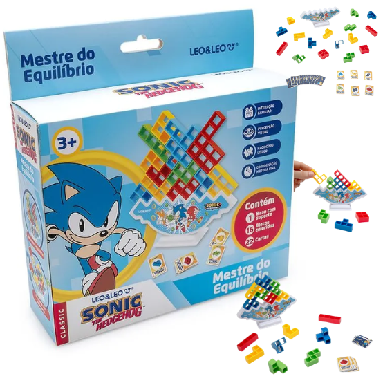 Brinquedo Mestre do Equilíbrio  Jogo de raciocínio SONIC - CAIXA C/ 16 BLOCOS + 1 ADESIVO + 1 BASE + 22 CARTAS  - LEO E