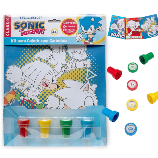 Kit para colorir com Carimbos SONIC - BLISTER C/ 3 DESENHOS + 4 CARIMBOS - LEO E LEO