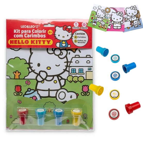 Kit para colorir com Carimbos HELLO KITTY - BLISTER C/ 3 DESENHOS + 4 CARIMBOS  - LEO E LEO