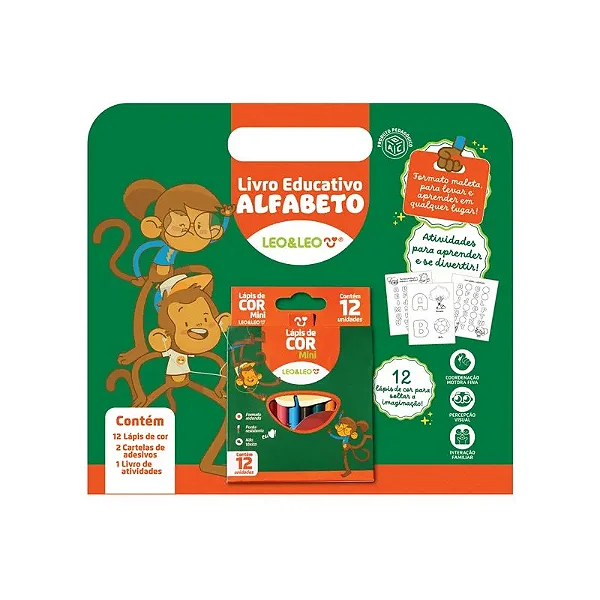 Livro para Colorir -  PEDAGOGICO LETRAS - SHRINK C/ LIVRO + CARTELA DE ADESIVOS + MINI LAPIS DE COR  - LEO e LEO