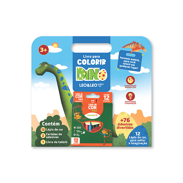 Livro para Colorir DINO - SHRINK C/ LIVRO + CARTELA DE ADESIVOS + LAPIS DE COR - LEO E LEO