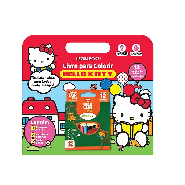 Livro para Colorir HELLO KITTY - SHRINK C/ LIVRO + CARTELA DE ADESIVOS + LAPIS DE COR - LEO E LEO
