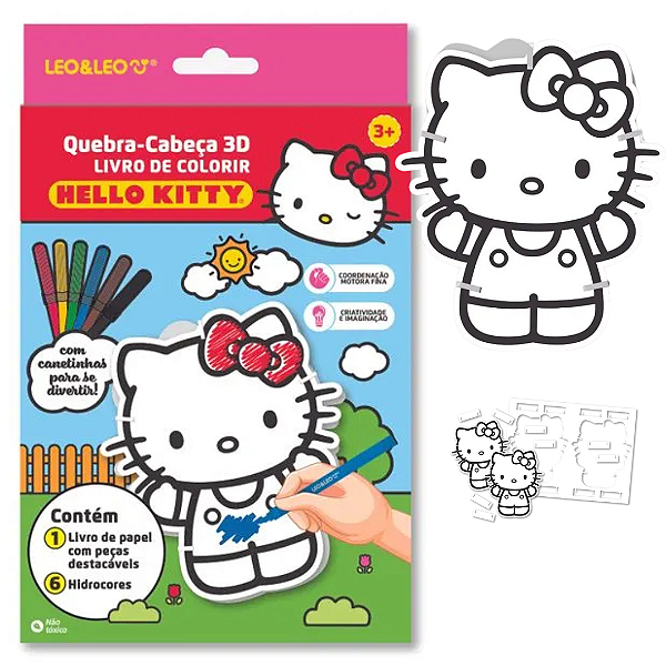 Livro de colorir QUEBRA-CABECA 3D DE PAPEL HELLO KITTY - CAIXA C/ LIVRO COM PECAS DESTACAVEIS + HIDROCOR - LEO E LEO
